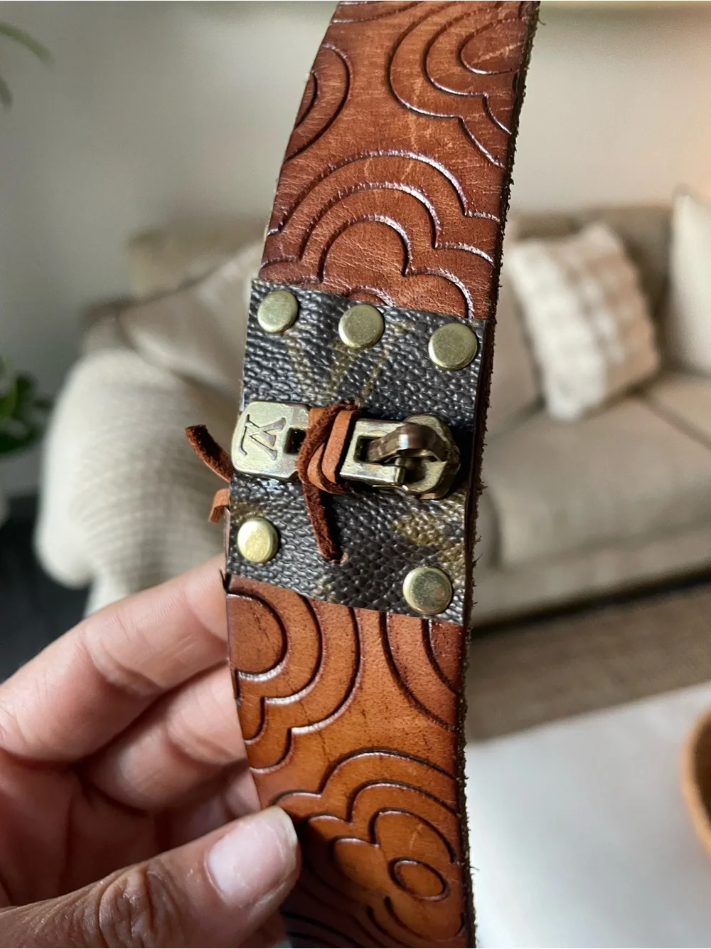 Louis Vuitton Brown and Gold Leather Cuff Bracelet with Signature Zipper Pull